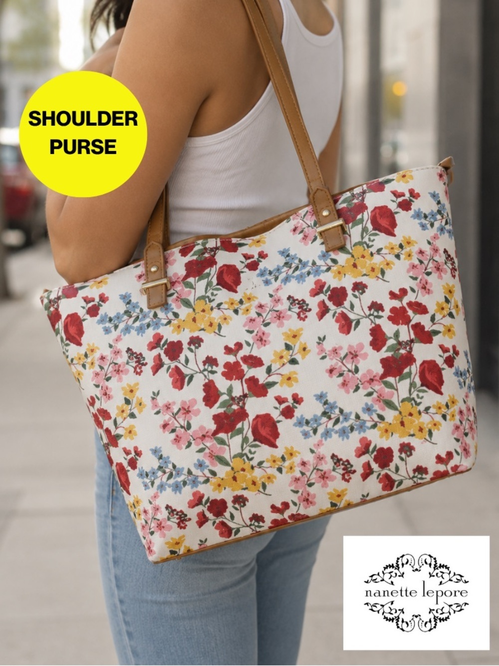 NANETTE LEPORE 💐 Multicolor Floral Tote, Tan Straps - Shoulder Bag - 9x12”